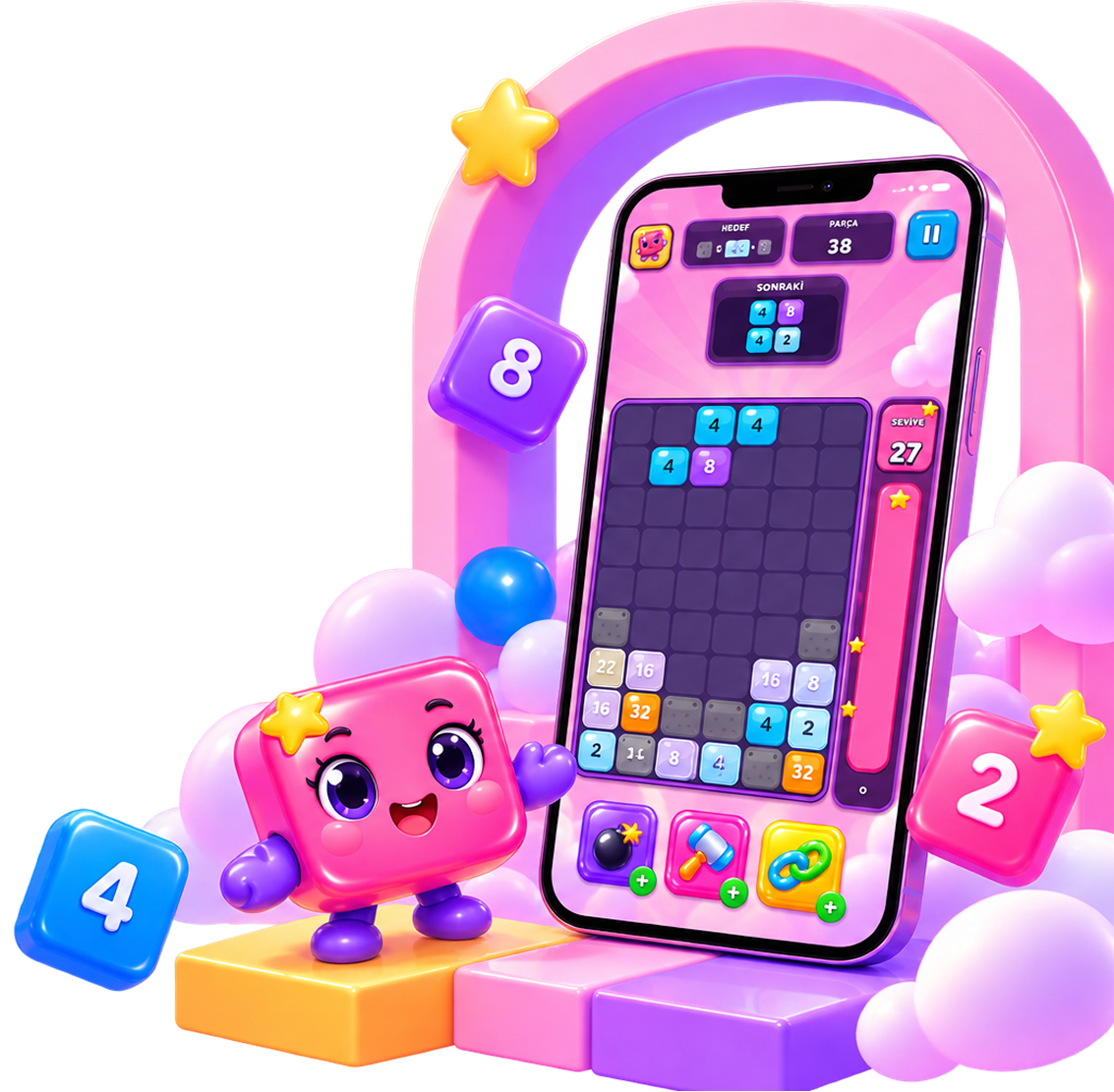 Droptis number block puzzle gameplay on a phone with the pink Droptis mascot